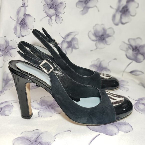 Lambertson Truex Suede /patent leather Cap Toe Slingback Heels Women US7.5 EU38 - Picture 6 of 13